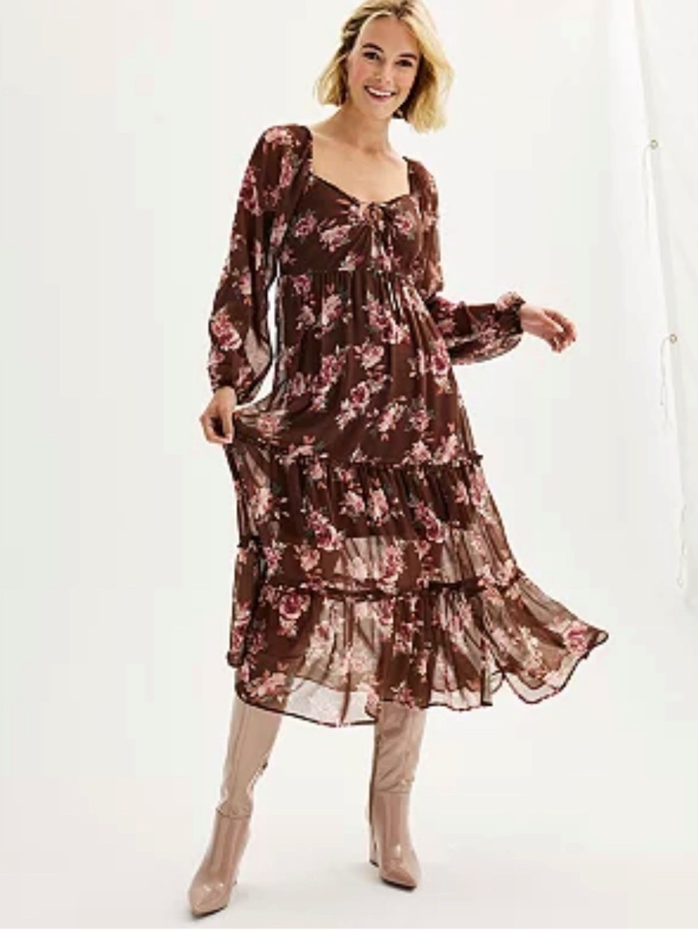Brown Boho Floral Tiered Chiffon Midi Dress with Long Sleeves
